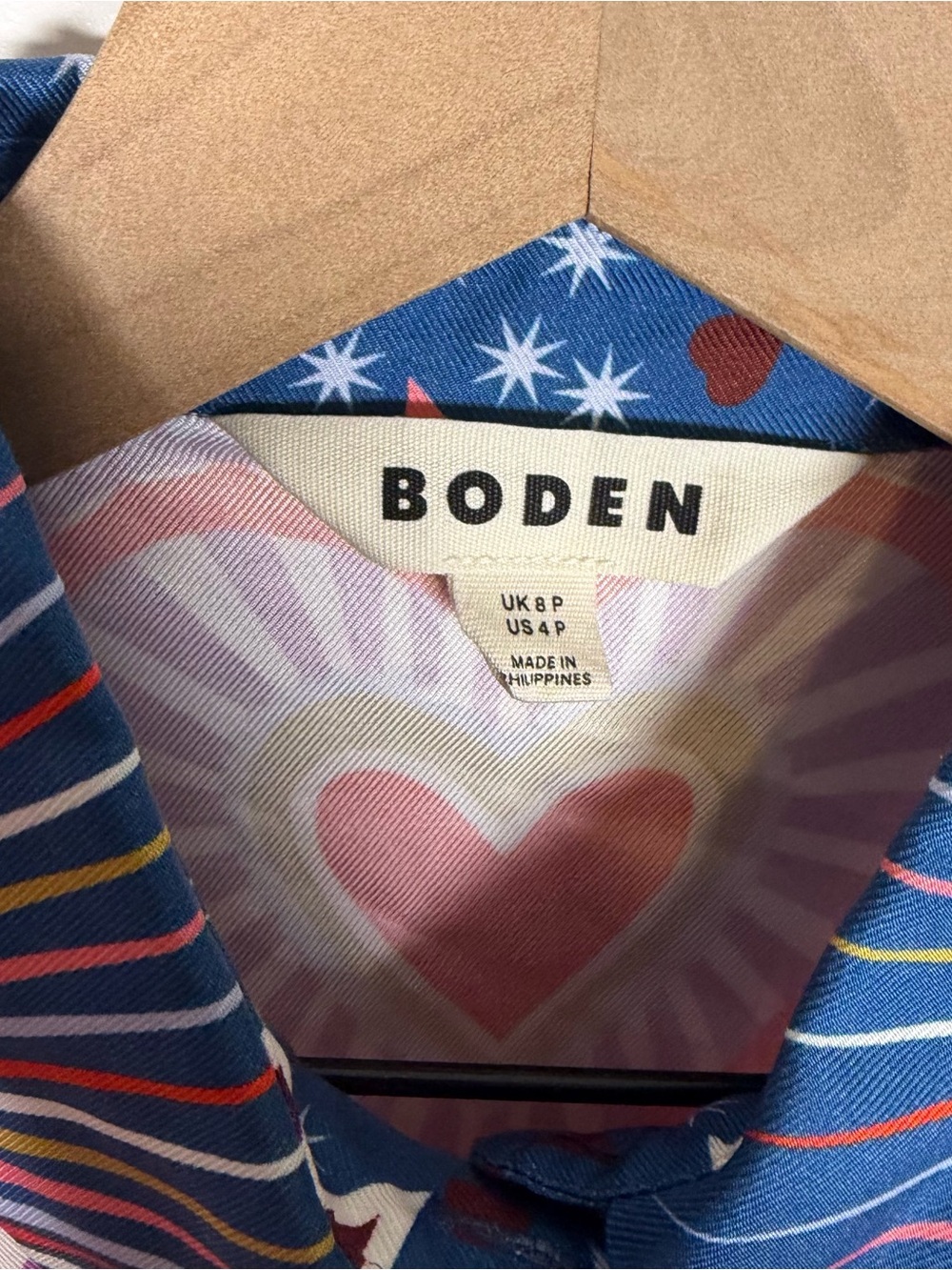 Boden Empire Hotched Shirt Dress Starburst Heart Print Midi US 4P Button Front - Picture 9 of 10